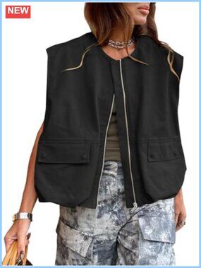 Womens Oversized Cargo Vest Sleeveless Zip Up Jacket Streetwear